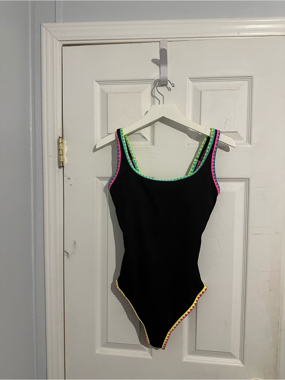 POPVIL Black One-Piece Swimsuit with Neon Contrast Shell Stitching – Size S